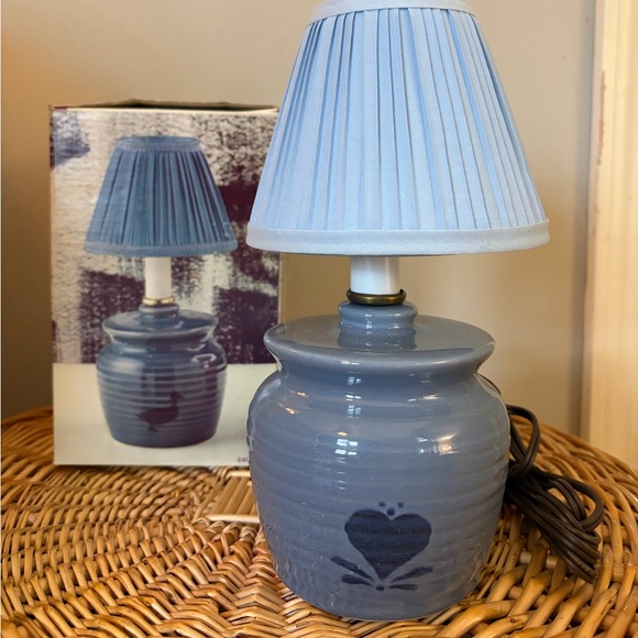 Other - 80s Vintage Hand-Painted Blue Ceramic Mini Lamp with Pleated Shade